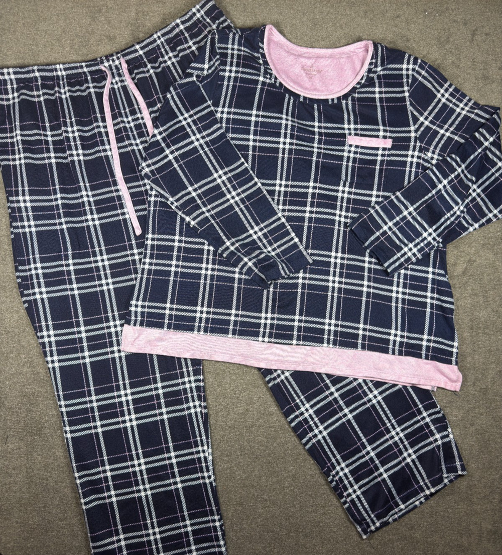 Cuddl Duds Womens XL Pajama Set Navy Pink Plaid Long Sleeve Top & Pants Soft